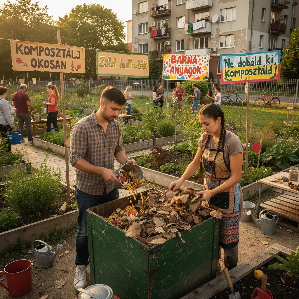 Komposztáló edény, amely tele van természetes anyagokkal, a szerves hulladék újrahasznosítására.