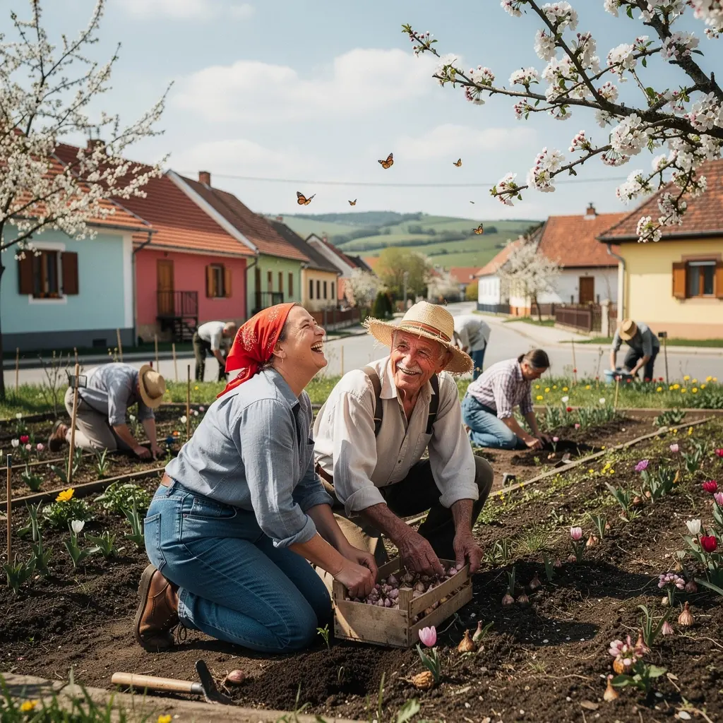Kertészeti eszközök, például lapát és gereblye, egy faasztalon várakoznak a munkára.