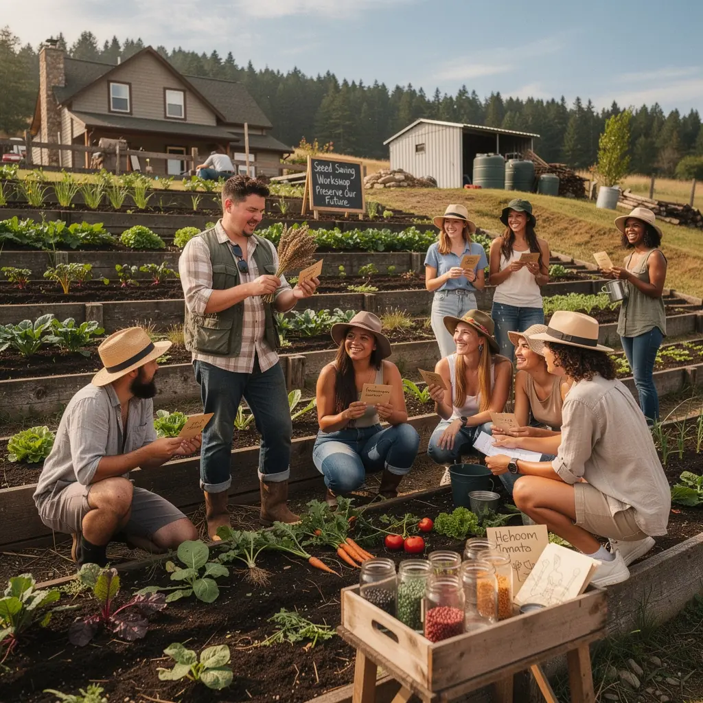 Kertészeti eszközök, például lapát és gereblye, egy faasztalon várakoznak a munkára.