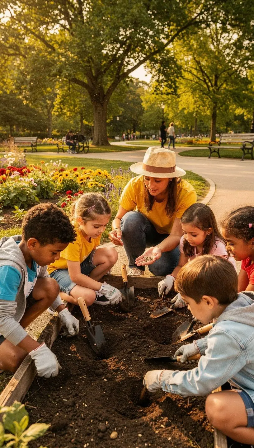 Kertészeti eszközök, például lapát és gereblye, egy faasztalon várakoznak a munkára.