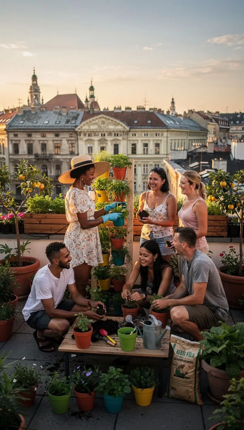 Kertészeti eszközök, például lapát és gereblye, egy faasztalon várakoznak a munkára.
