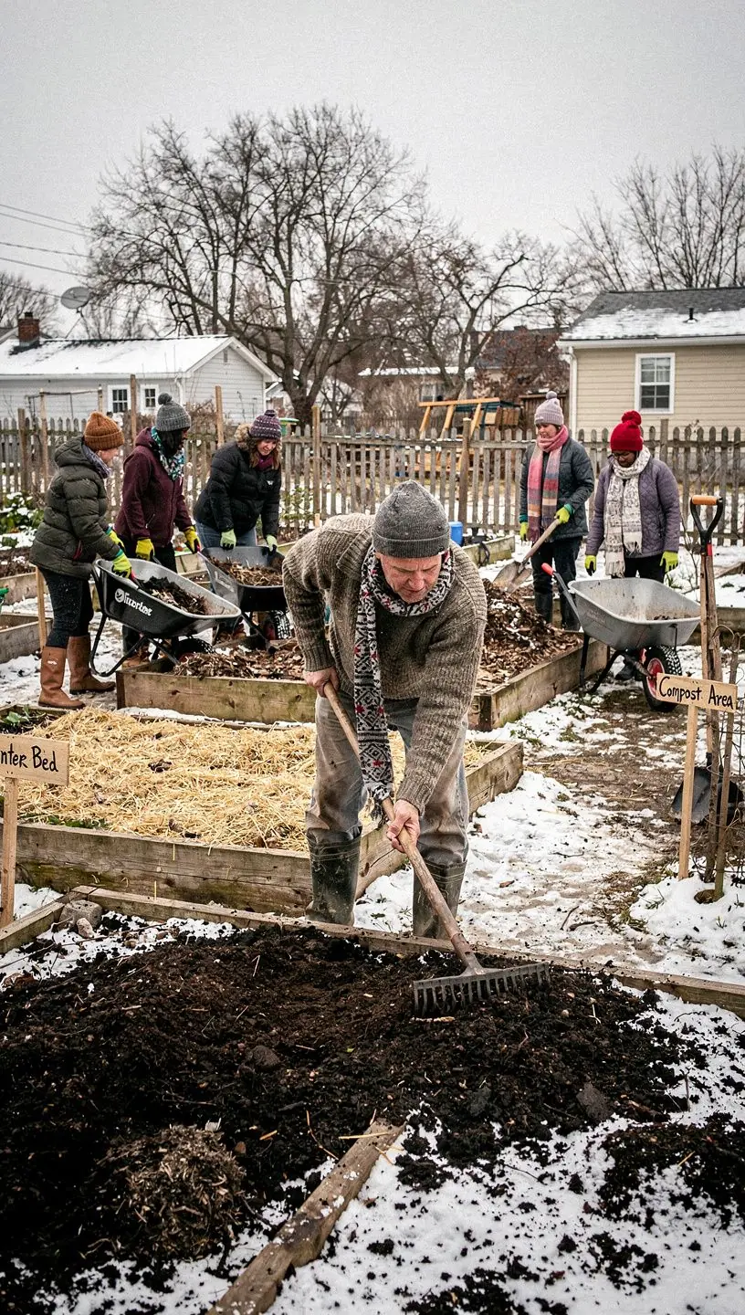 Kertészeti eszközök, például lapát és gereblye, egy faasztalon várakoznak a munkára.