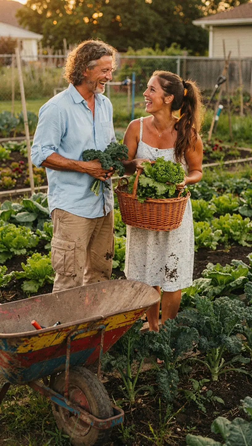 Kertészeti eszközök, például lapát és gereblye, egy faasztalon várakoznak a munkára.