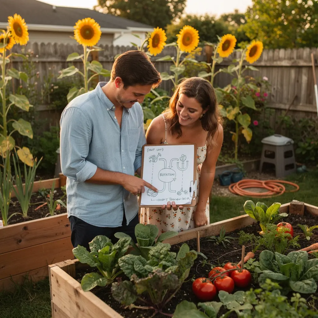 Zöldséges kertben friss zöldségek, mint például paradicsom és paprika, napfényben érnek.
