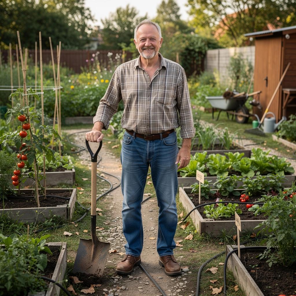 Kertész, aki boldogan ülteti a friss zöldségeket a szabadban, családi kertjében.