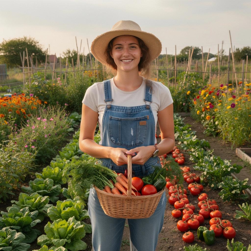 Zöld fű és virágokkal díszített kiskert, szép tájba illeszkedve.