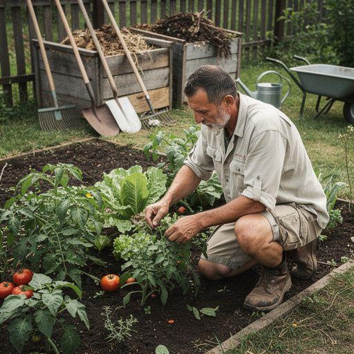 Kertészeti eszközök, mint ásó és gereblye, készen állnak a munkára a zöldséges kertben.